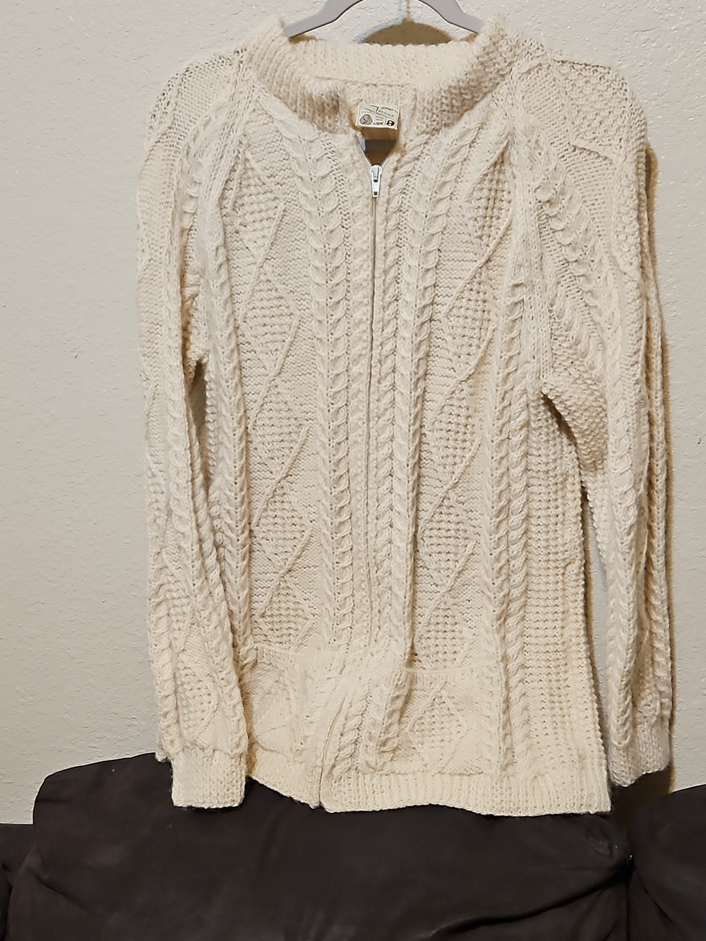 Vintage Hand-Knit Irish Aran Cable-Knit Full-Zip Sweater